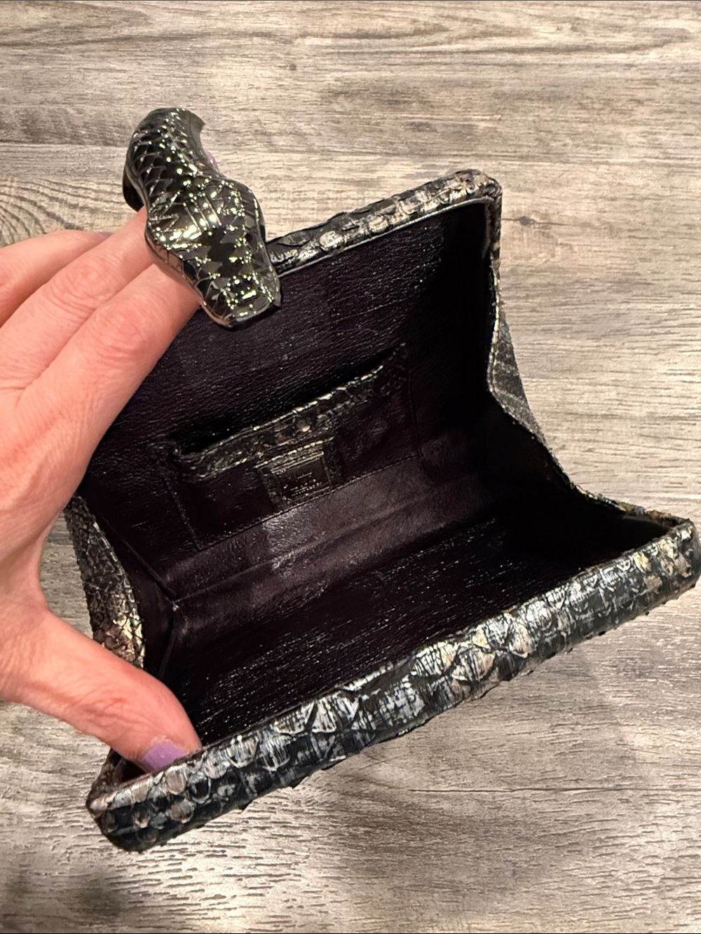 Jilly New York Black Metallic Exotic Skin Leather Clutch Bag w/ Dust Bag - Picture 6 of 9